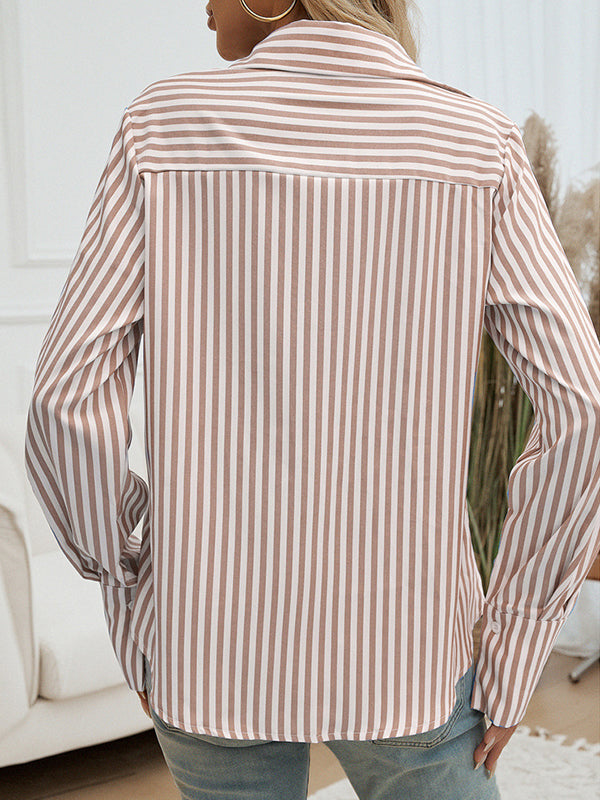 Long Sleeves Loose Buttoned Contrast Color Pockets Striped Lapel Blouses&Shirts Tops