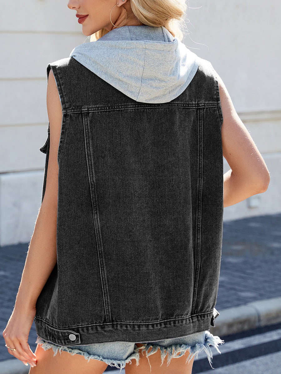 Solid Color Pockets Detachable Buttoned Sleeveless Loose Lapel Vest Outerwear