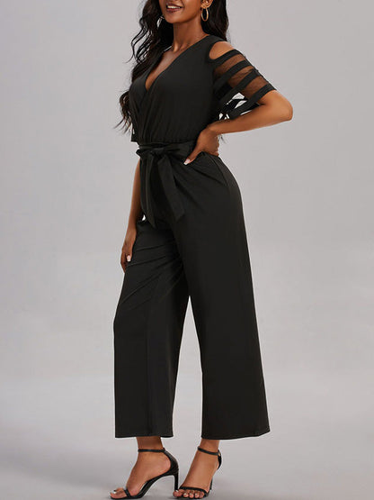 High Waisted Loose Hollow Mesh Solid Color Tied Waist V-Neck Jumpsuits