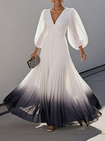 A-Line High Waisted Gradient Pleated V-Neck Maxi Dresses