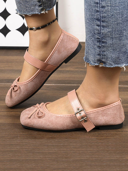 Bow-Embellished Buckle Split-Joint Square-Toe Sandals
