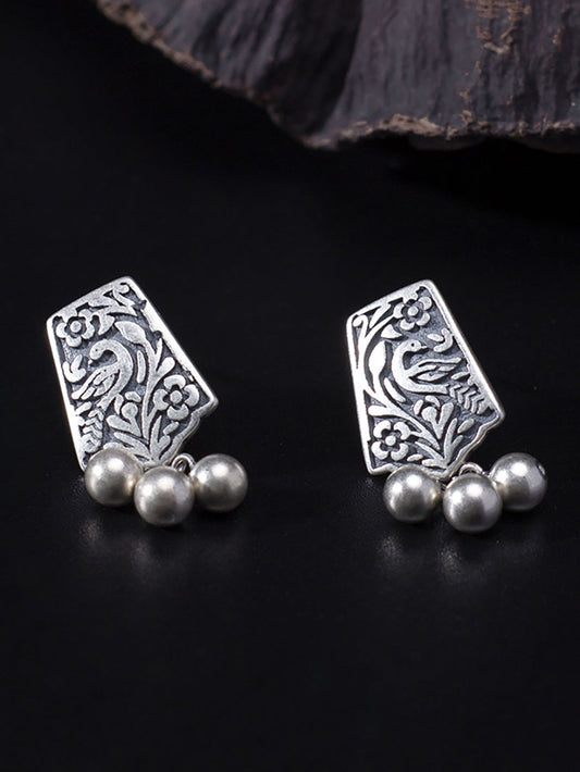 Women Vintage Silver Carve Bead Pendant Earrings