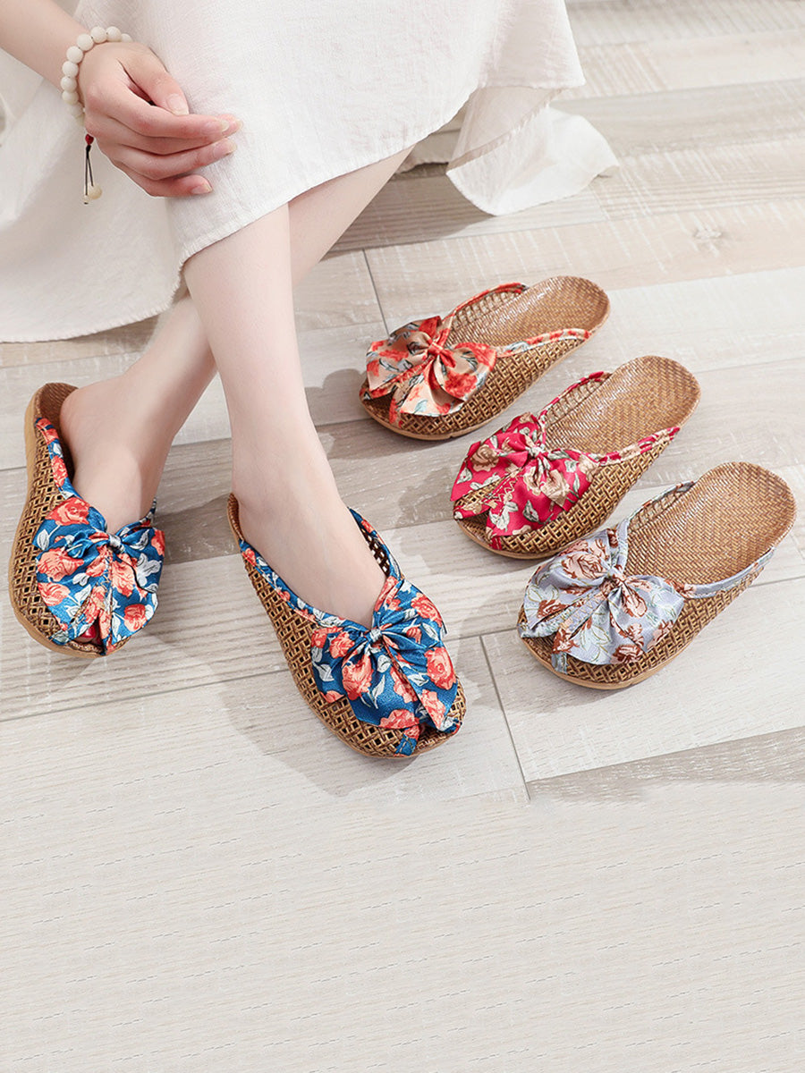 Women Ethnic Straw Weave Flower Bowknot Indoor Slippers
