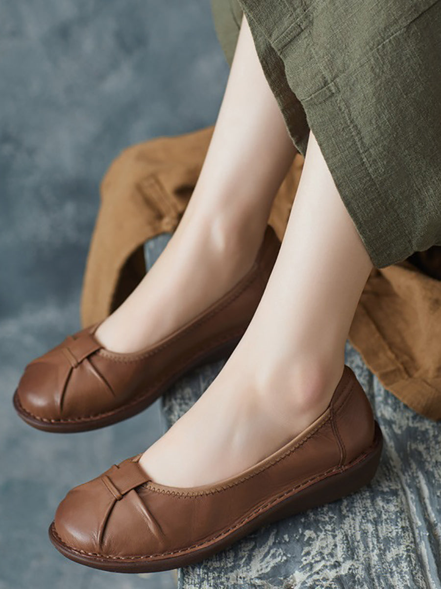 Women Ethnic Pure Color Genuine Leather Low Heel Shoes
