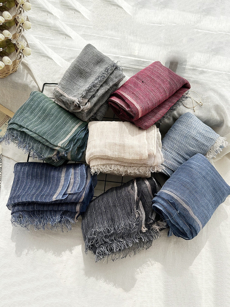 Women Summer Stripe Tassel Linen Shawl Scarf