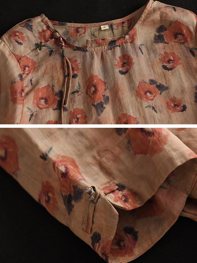 Women Vintage Summer Floral Frog Pullover Linen Shirt