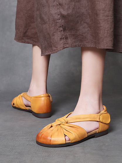 Women Summer Vintage Genuine Leather Spliced Sandals