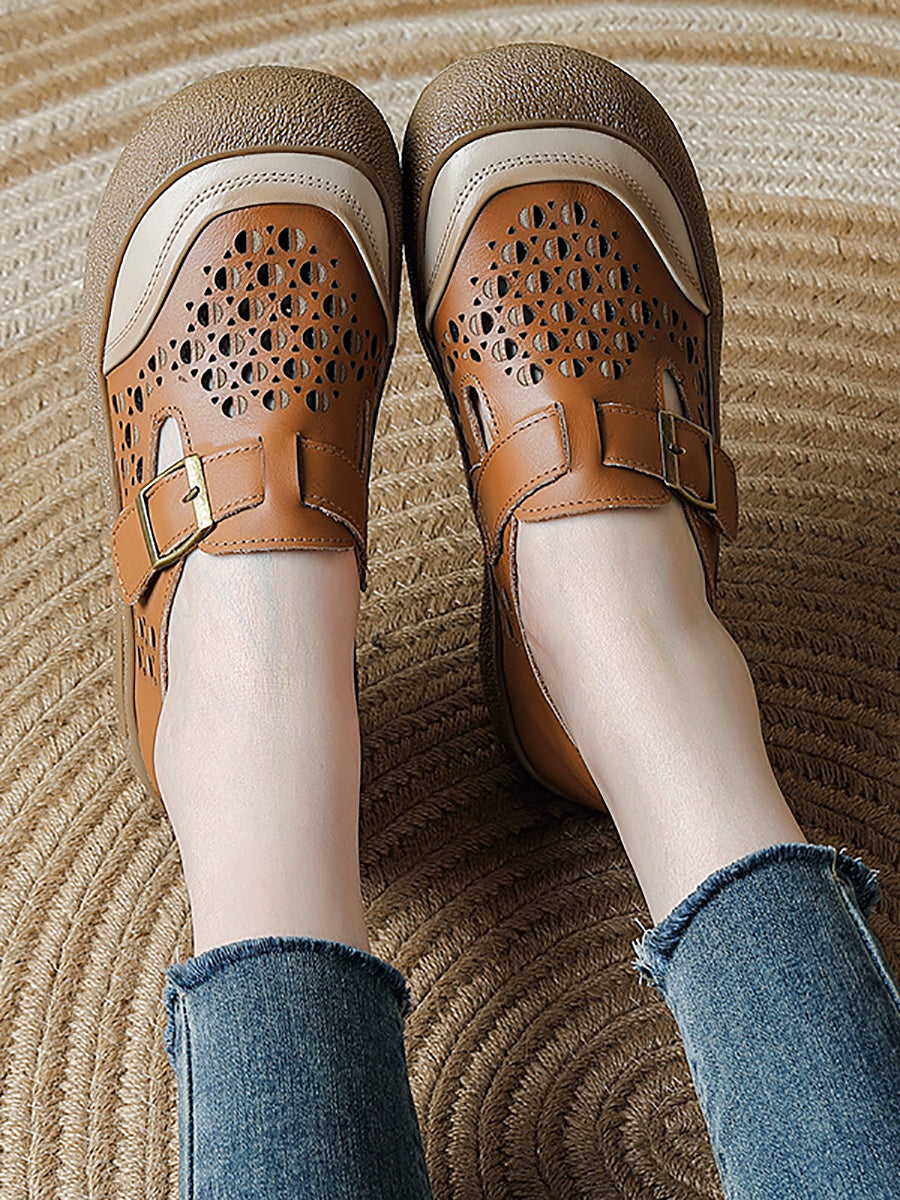 Women Summer Pure Color Leather Flat Shoes