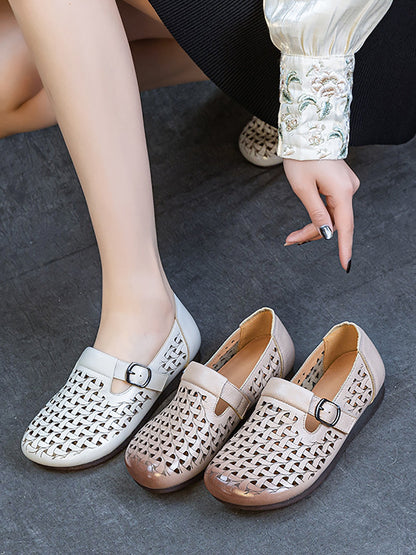 Women Casual Soft Leather Hollow Out Low Heel Shoes