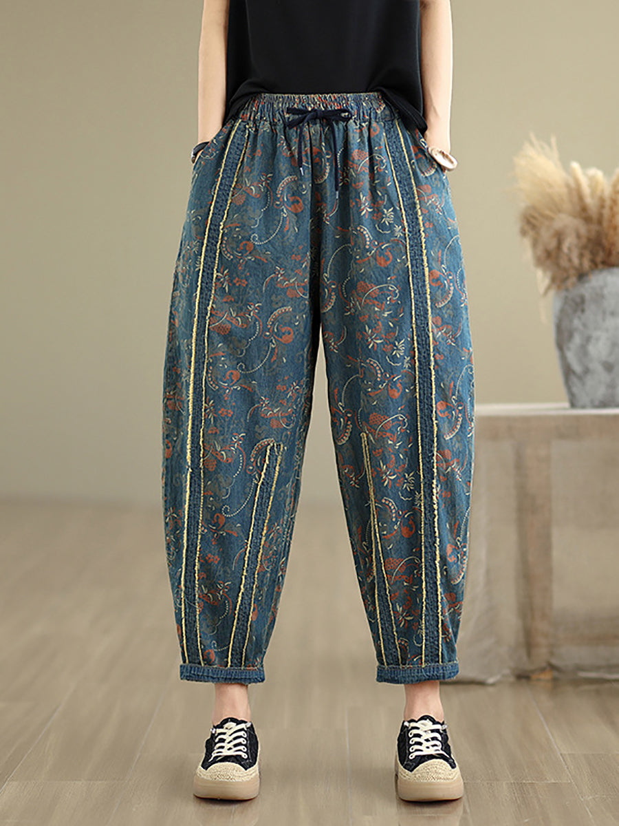 Women Retro Flower Patchwork Denim Harem Pants