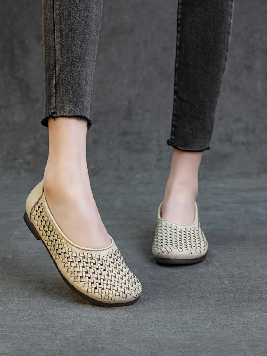 Women Summer Vintage Leather Weave Low Heel Shoes