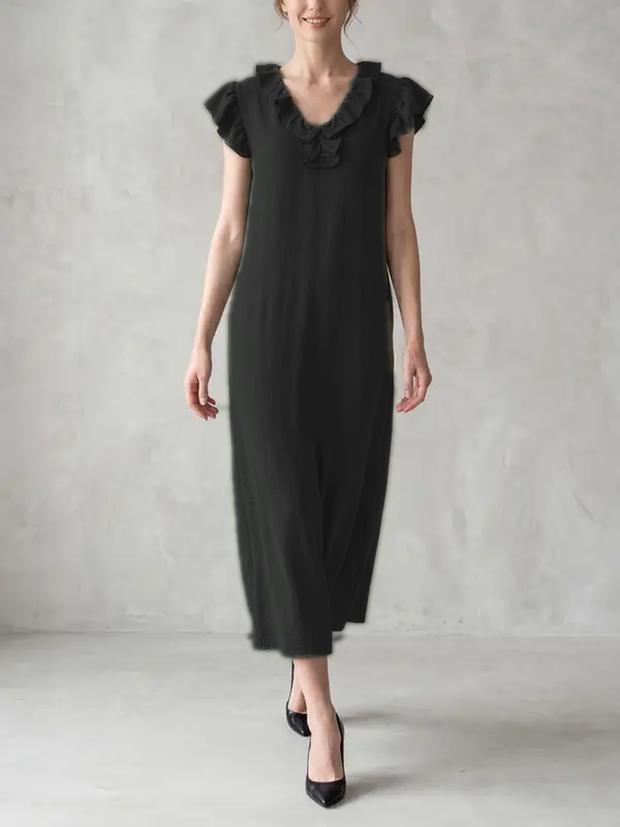 Loose Plus Size Pockets Ruffle Trim Solid Color V-Neck Maxi Dresses