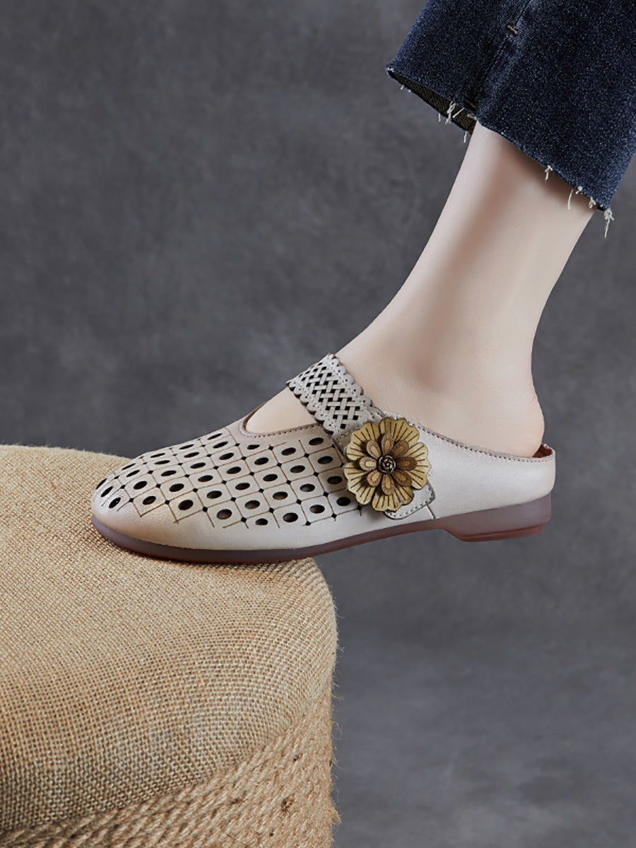 Women Casual Genuine Leather Flower Low Heel Slippers