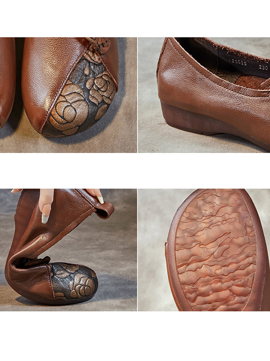 Women Retro Flower Leather Spliced Low Heel Shoes