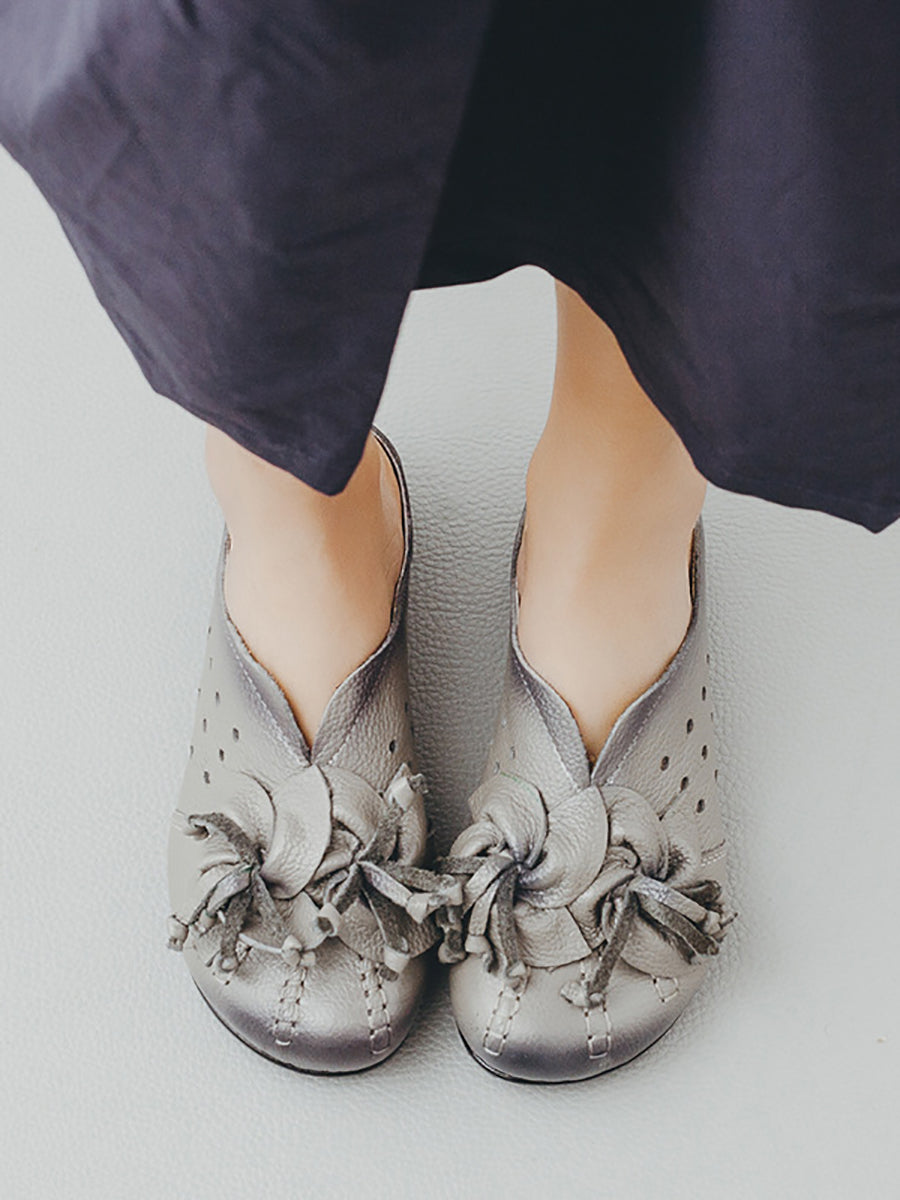 Women Vintage Leather Flower Low Heel Slippers