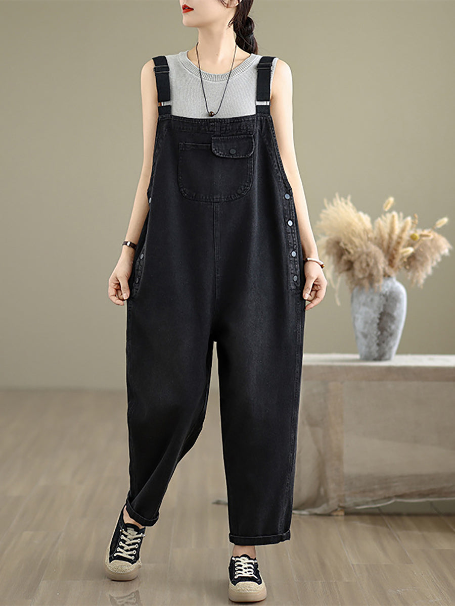 Women Summer Casual Pure Color Denim Loose Jumpsuits