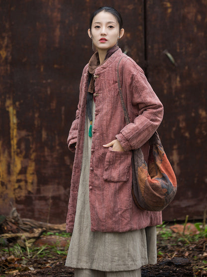 Women Winter Ethnic Solid Ramie Padded Long Coat