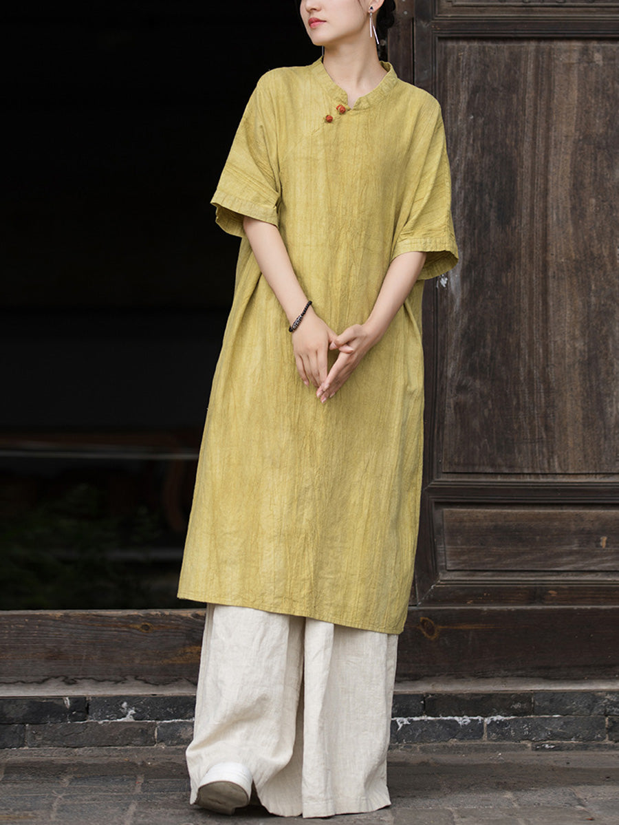 Women Summer Artsy Tie-dye Stand Collar Ramie Dress