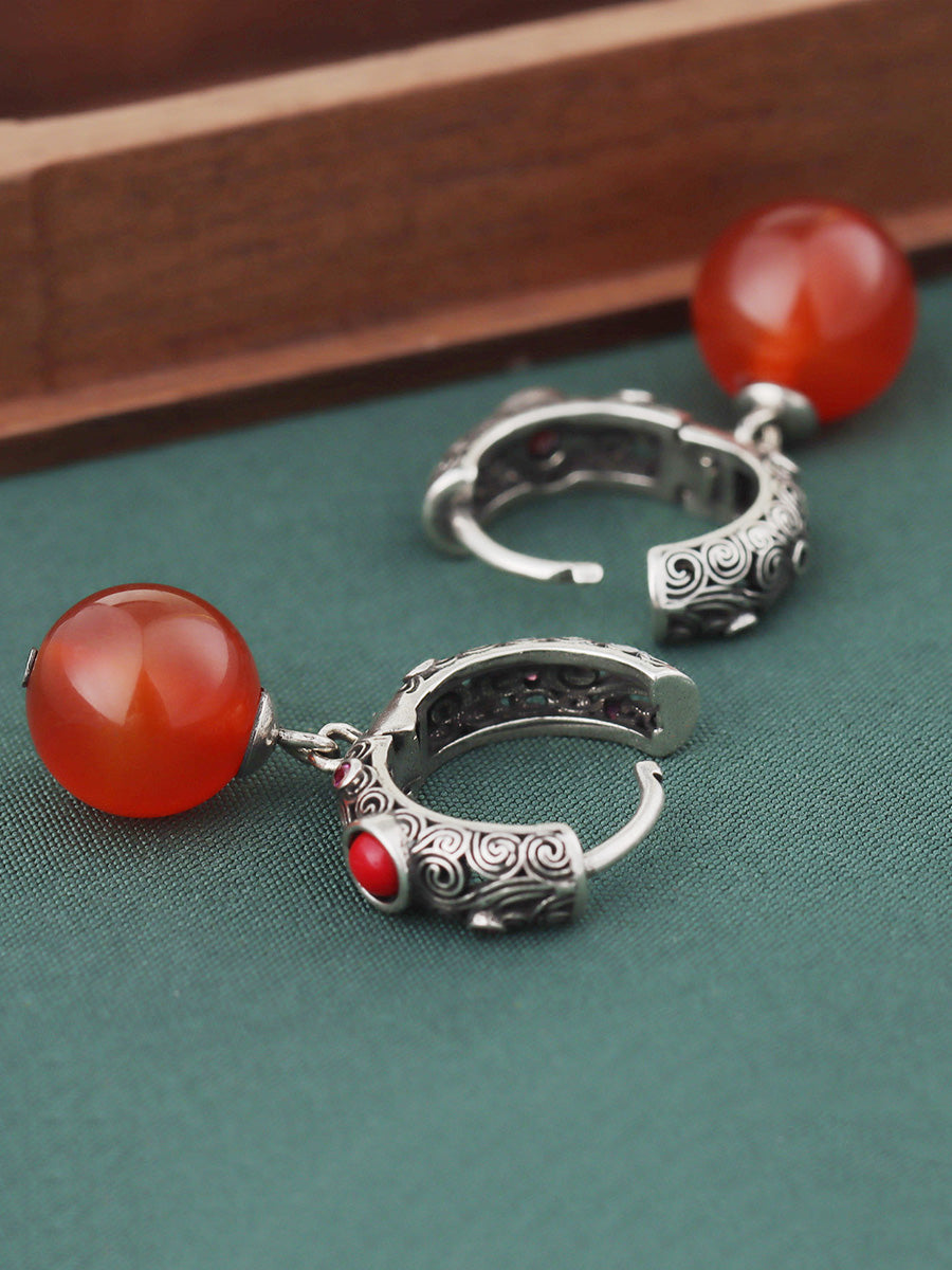 Vintage Red Agate Cooper-plating Silver Earrings