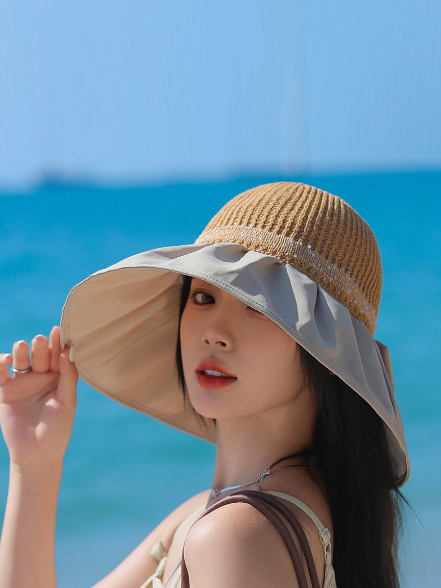 Women Summer Spliced Bowknot Large Brim Sunproof Hat