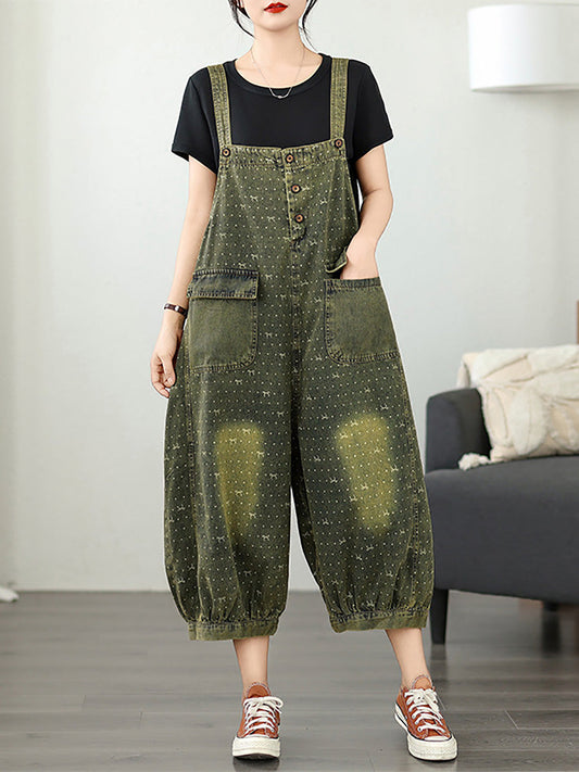 Women Summer Retro Print Denim Cropped Jumpsuits