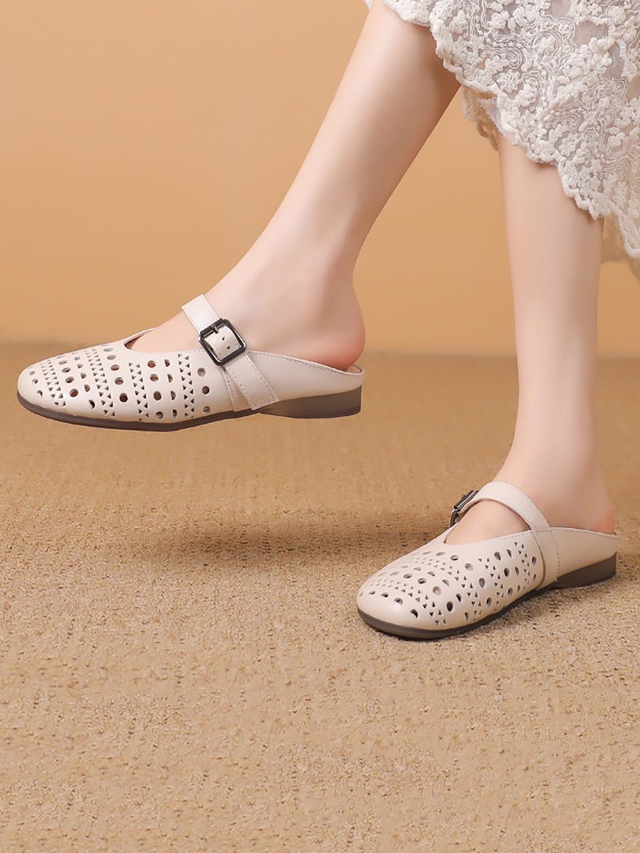 Women Casual Summer Genuine Leather Low Heel Slippers