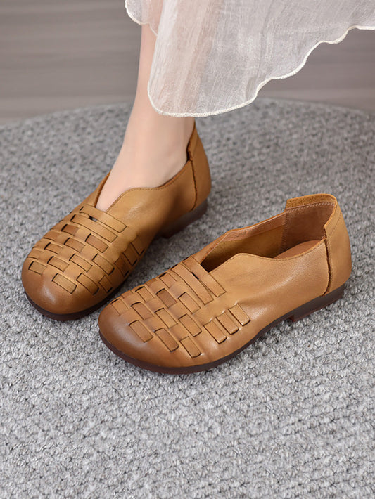 Women Vintage Genuine Leather Weave Low Heel Shoes