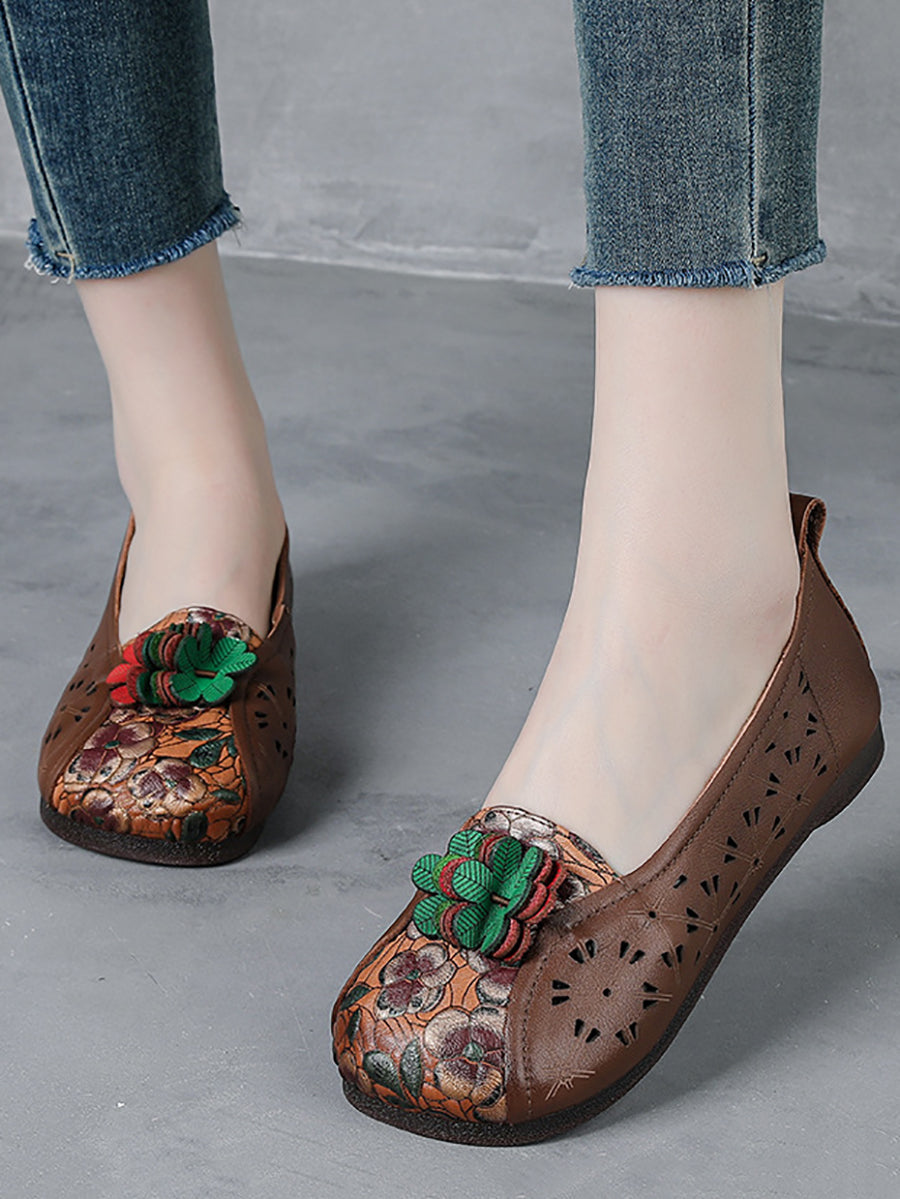 Women Summer Ethnic Flower Leather Spliced Shoes