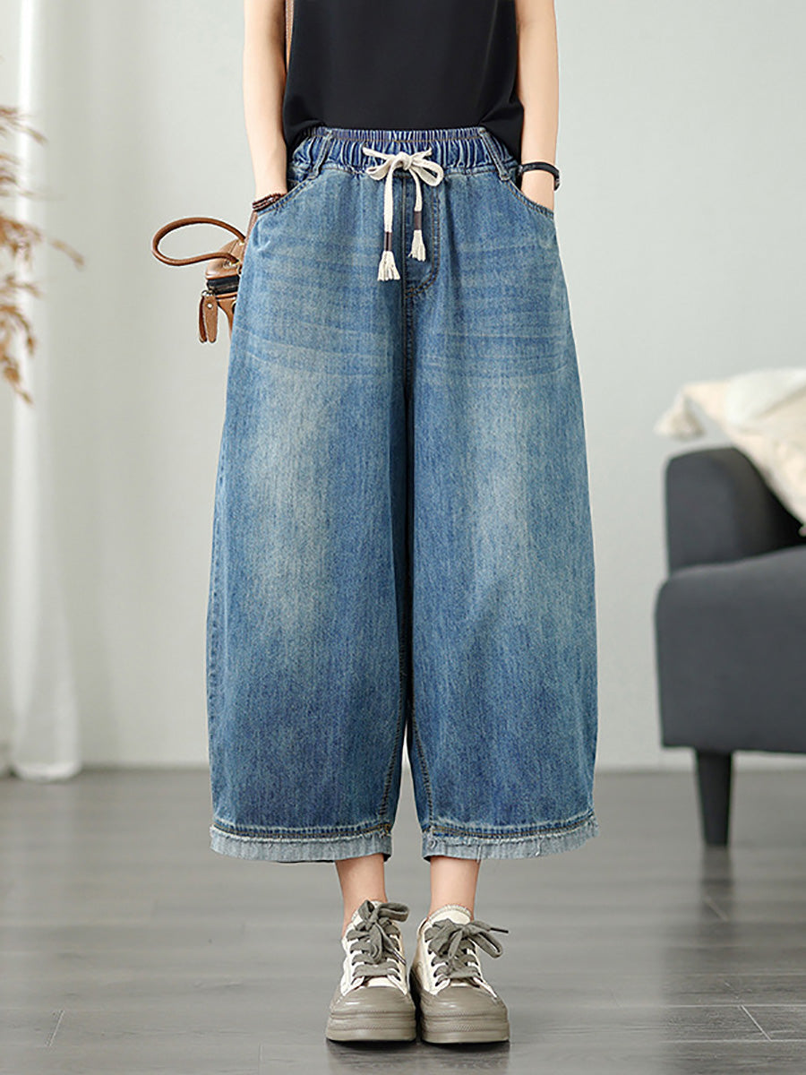 Women Casual Summer Pure Color Denim Wide-leg Pants