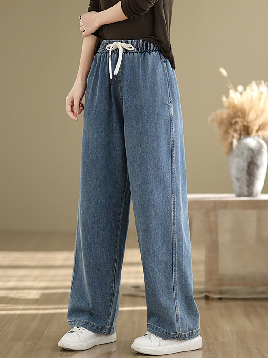Plus Size Women Spring Casual Pure Color Denim Straight Pants