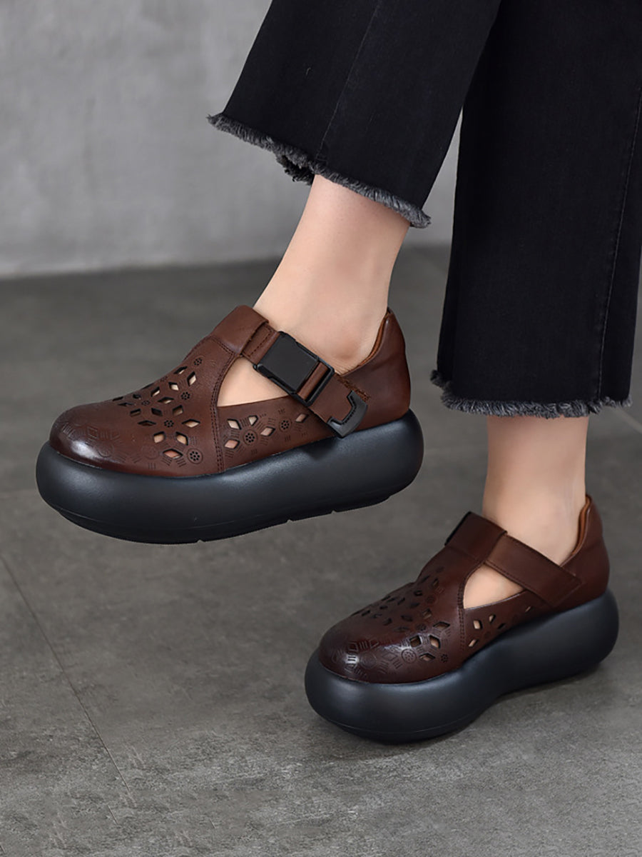 Women Casual Summer Genuine Leather Hollow Out Platform Shoes