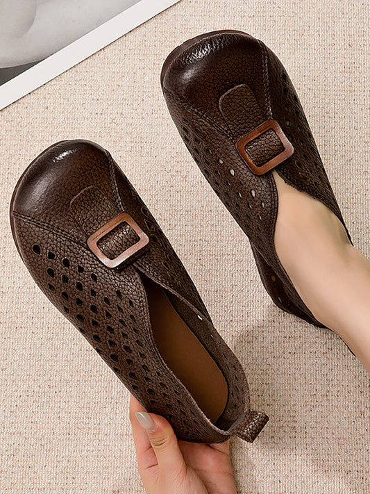Women Summer Vintage Leather Spliced Flat Shoes