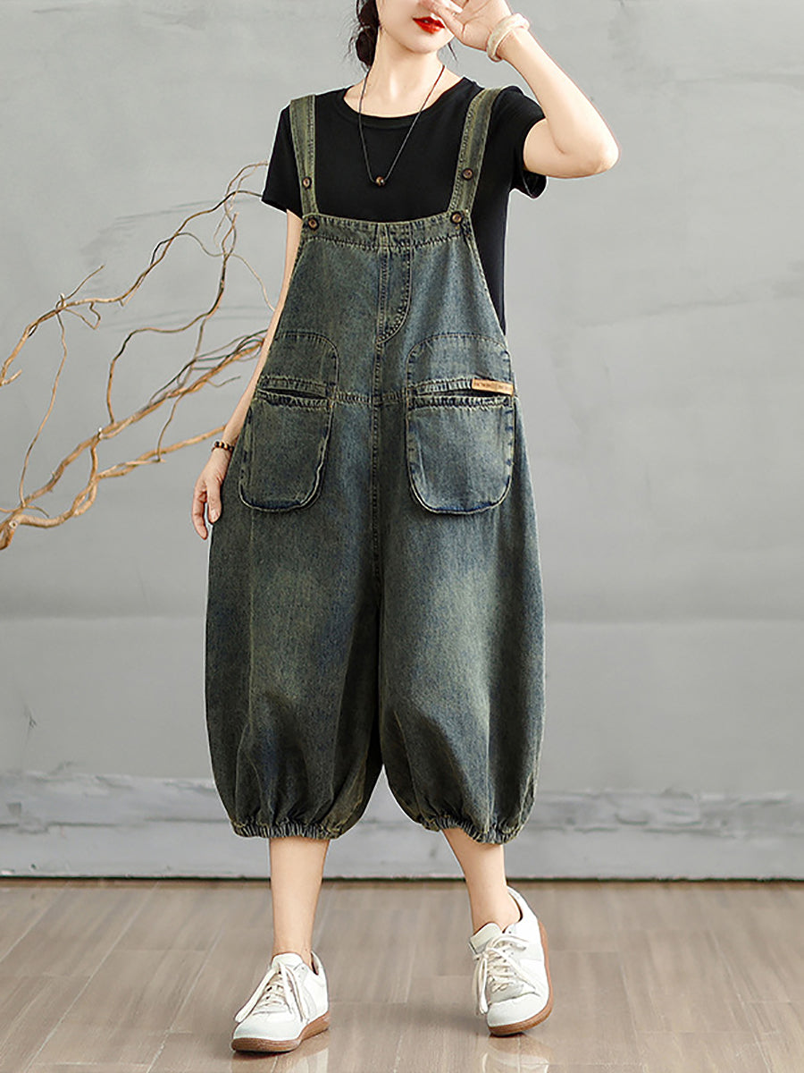 Women Summer Worn Pure Color Denim Cropped Jumpsuits