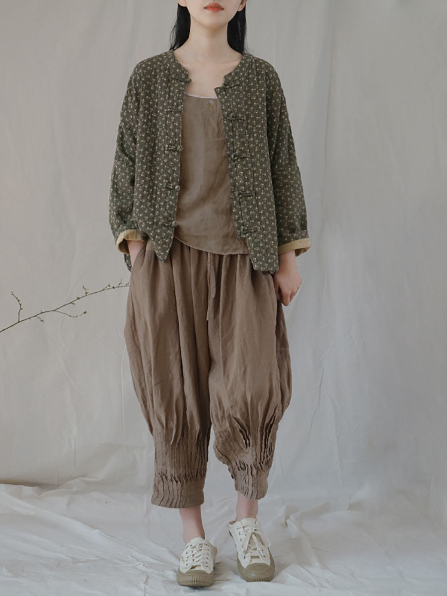 Plus Size Women Ethnic Autumn Floral Button-up Cotton Coat