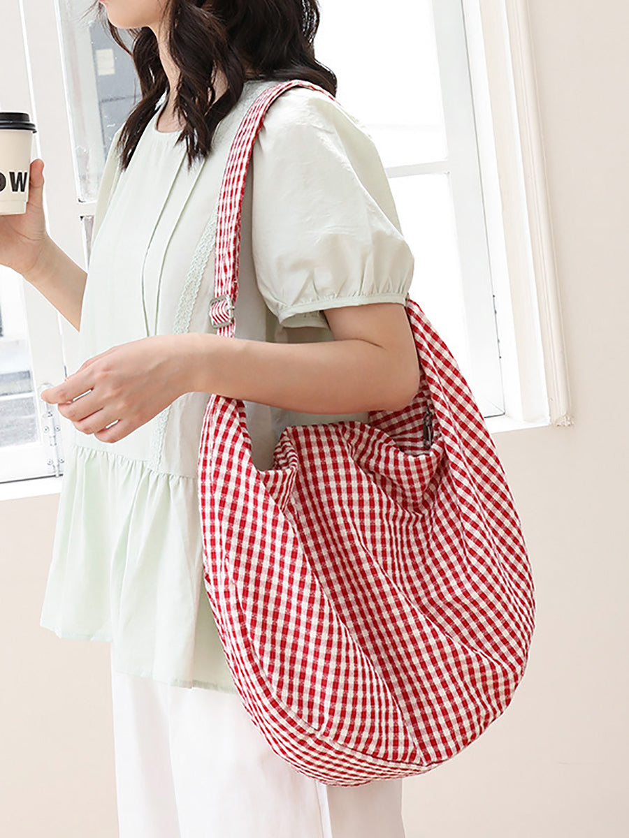 Women Casual Plaid Canvas Dumpling Shoulder Bag