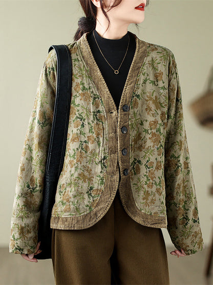 Plus Size Women Retro Floral Spliced V-Neck Padded Jacket