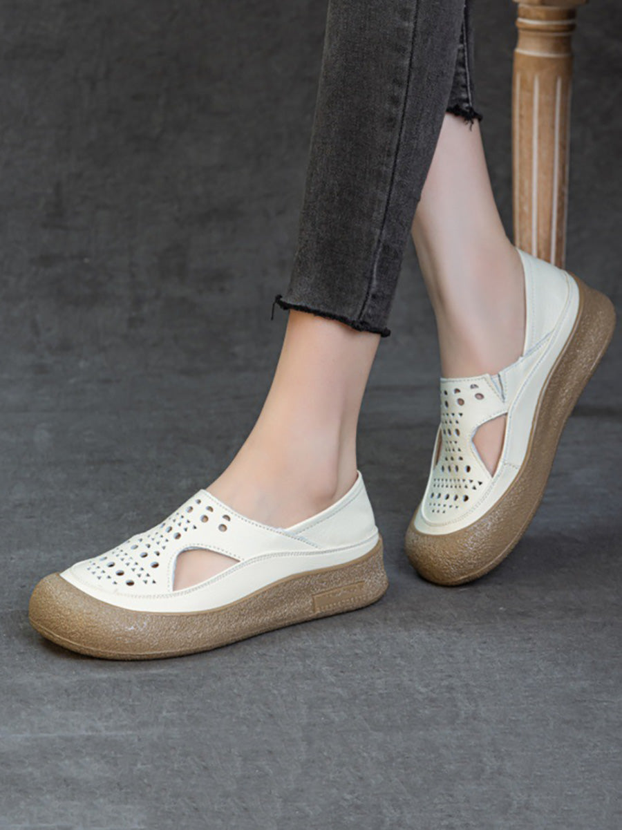 Women Summer Casual Hollow Out Leather Flat Shoes