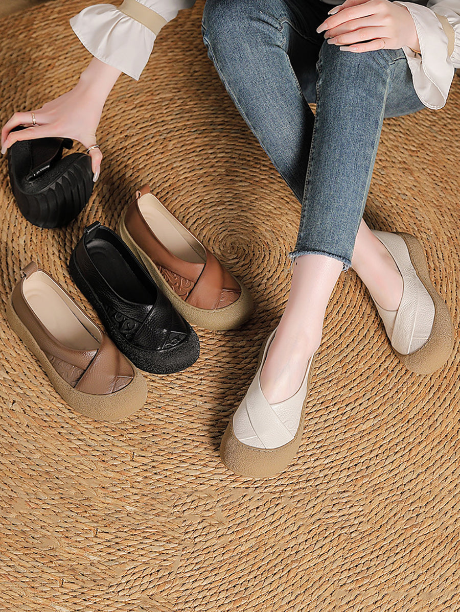Women Summer Genuine Leather Spliced Flat Shoes