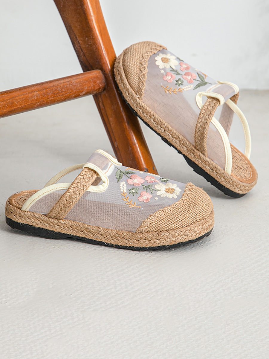 Women Summer Artsy Flower Embroidery Linen Slippers