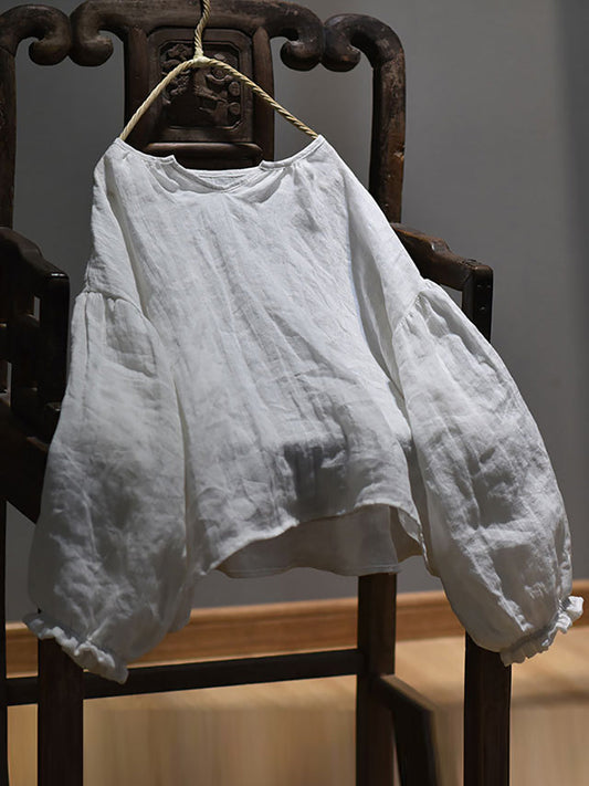 Plus Size Women Spring Retro V-Neck Puff Sleeve Shirt