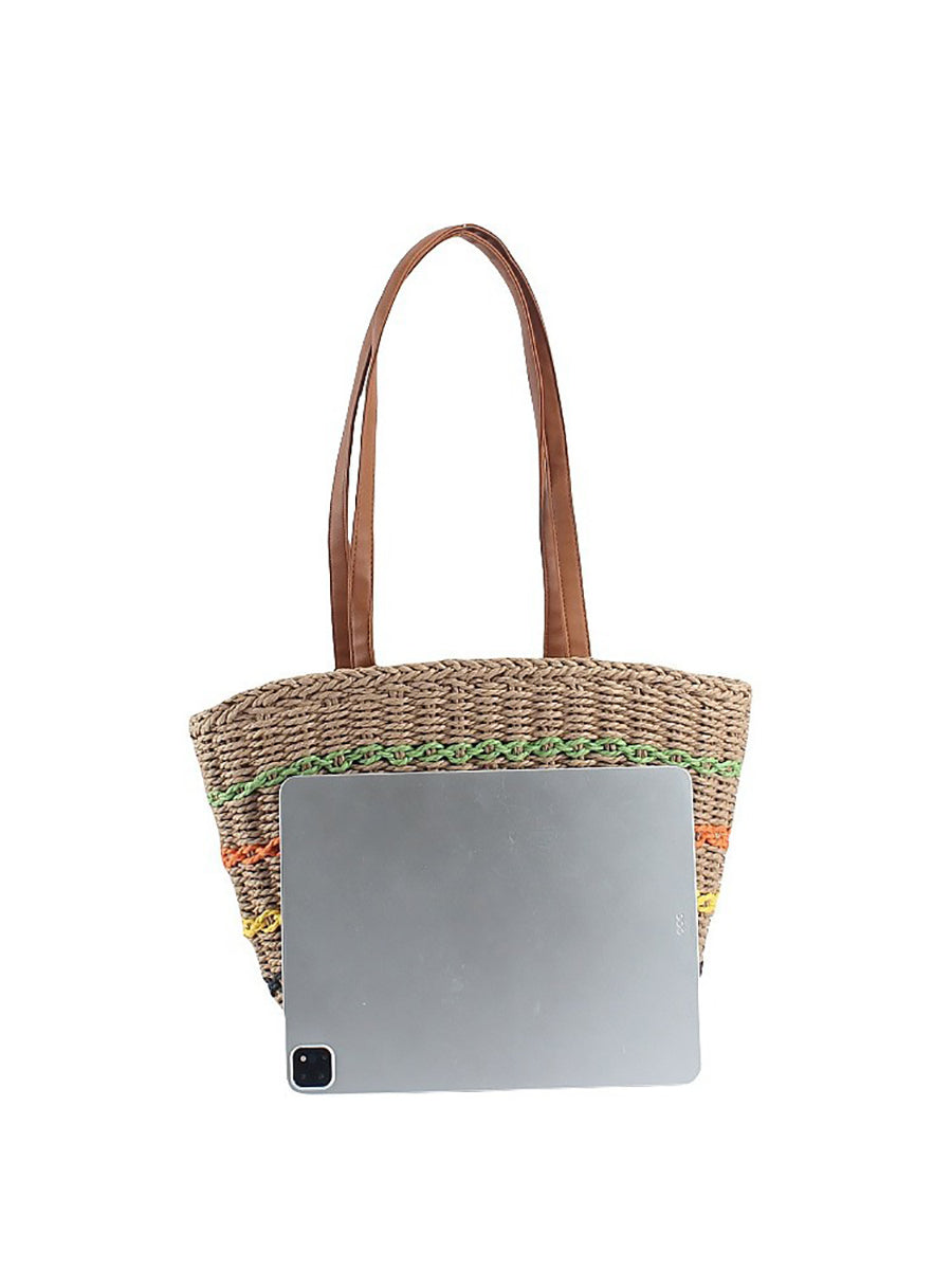 Women Fashion Colorblock Straw Weave Shoulder Bag
