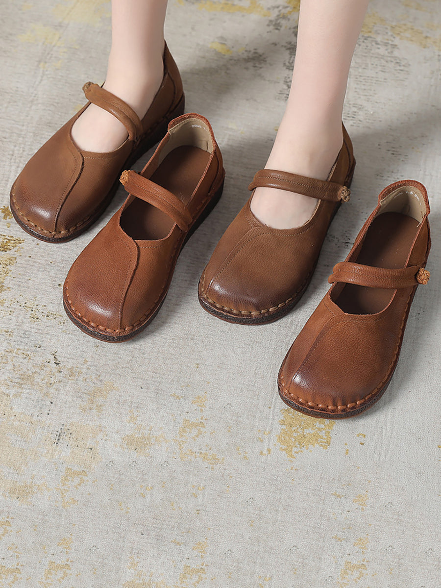 Women Vintage Leather Spliced Low Heel Flat Shoes