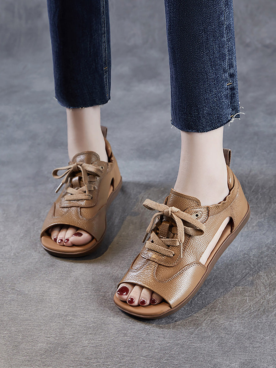 Women Summer Genuine Leather Open Toe Flat Sandals