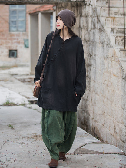 Women Vintage Solid Ramie Slant-Closure Long Shirt