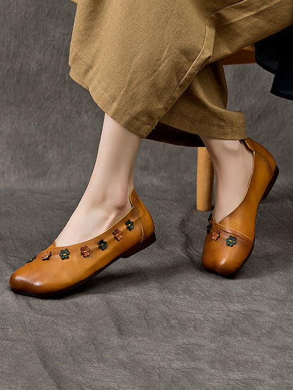 Women Vintage Summer Leather Flower Spliced Flat Shoes