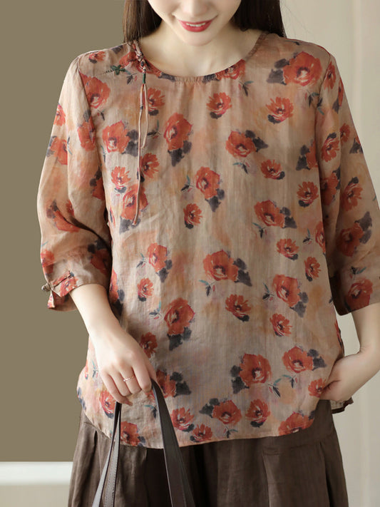 Women Vintage Summer Floral Frog Pullover Linen Shirt