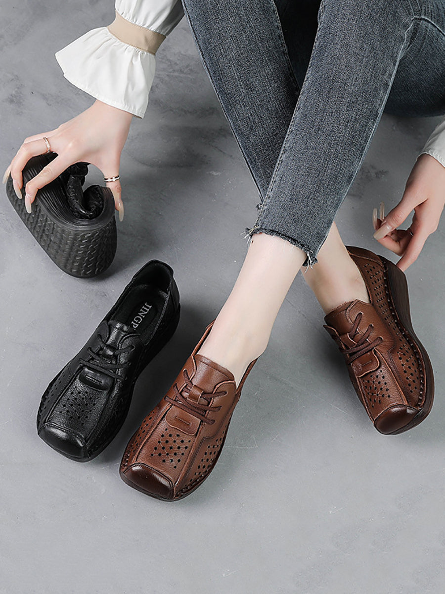 Women Vintage Genuine Leather Hollow Out Platform Shoes