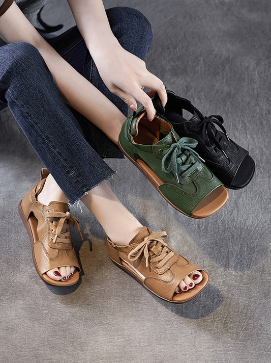 Women Summer Genuine Leather Open Toe Flat Sandals