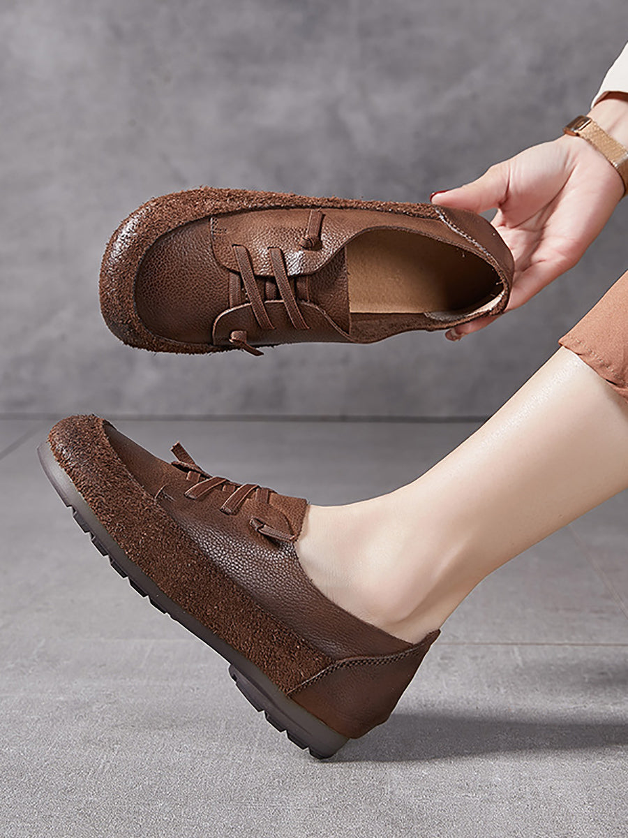 Women Vintage Leather Spliced Low Heel Shoes