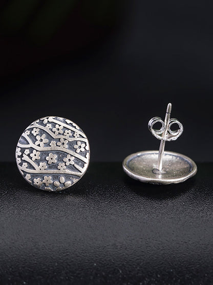 Women Vintage Silver Flower Carve Round Earrings
